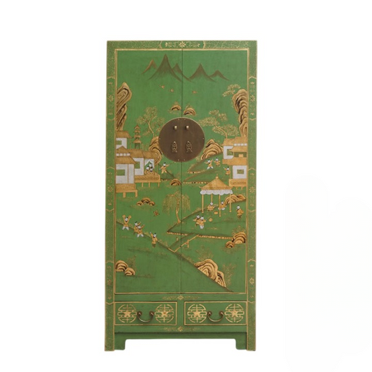 Green Hand Painted Chinese Style Wardrobe Cabinet, Vintage Inspired Wood Armoire Storage Cabinet with Landscape Design, Tall Bedroom Closet Cabinet for Clothes, Linens, Entryway, Living Room, and Home Storage