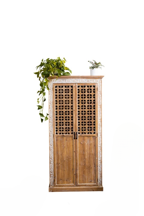 Tall Solid Wood Storage Cabinet with Carved Frame &amp; Lattice Double Doors, Farmhouse Pantry Cabinet, Rustic Display Cupboard, Freestanding Linen Storage Cabinet for Living Room, Dining Room, Bedroom &amp; Entryway
