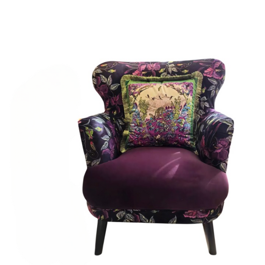 Purple Floral Accent Chair with Velvet Seat and Wingback Design
