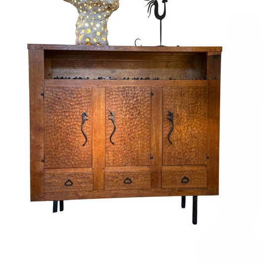 Tall Solid Wood Sideboard Cabinet, Rustic Buffet Storage Cabinet with Textured Doors and Drawers, Vintage Dining Room Credenza, Kitchen Hutch, Living Room Bar Cabinet
