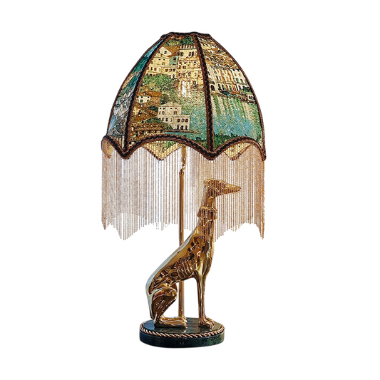 Gold Dog Table Lamp with Fringe Shade, Decorative Animal Statue Accent Light, Vintage Style Bedside Lamp for Living Room, Bedroom, Study, Office, Console Table and Entryway Decor