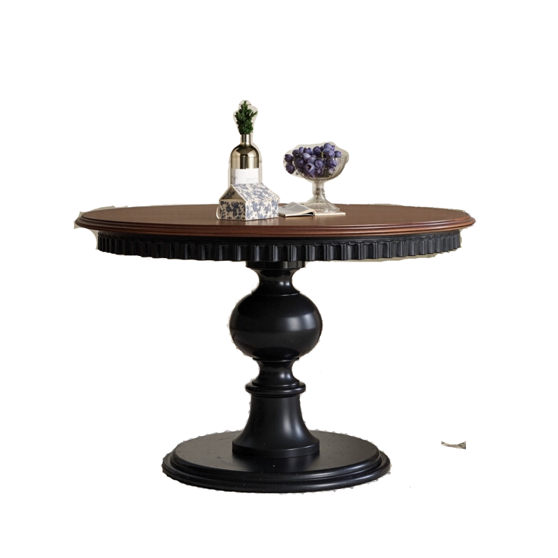 Round Pine Wood Dining Table, Vintage Style Pedestal Kitchen Table with Brown Top and Black Base, Small Space Breakfast Table for Dining Room, Apartment, Cafe, Living Room