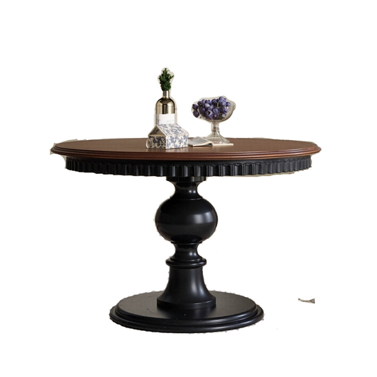 Round Pine Wood Dining Table, Vintage Style Pedestal Kitchen Table with Brown Top and Black Base, Small Space Breakfast Table for Dining Room, Apartment, Cafe, Living Room