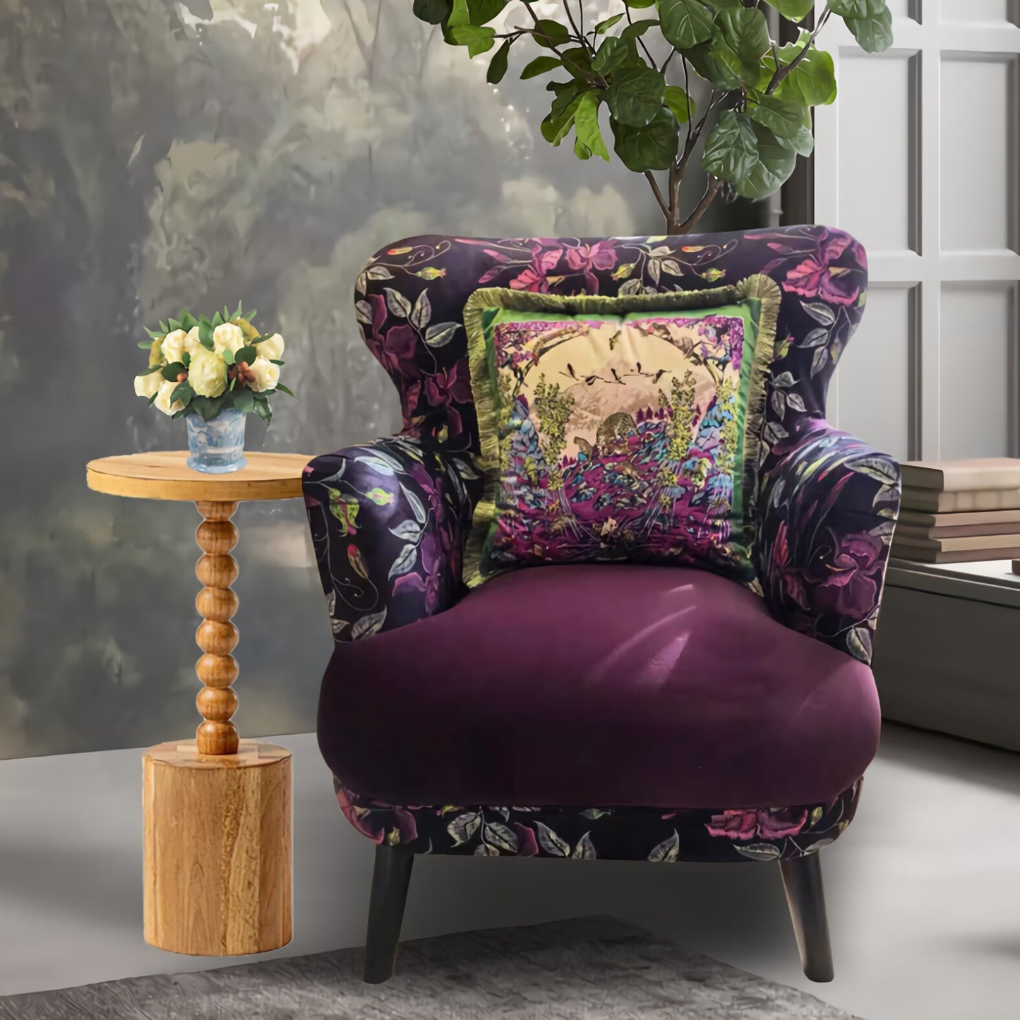 Purple Floral Accent Chair with Velvet Seat and Wingback Design
