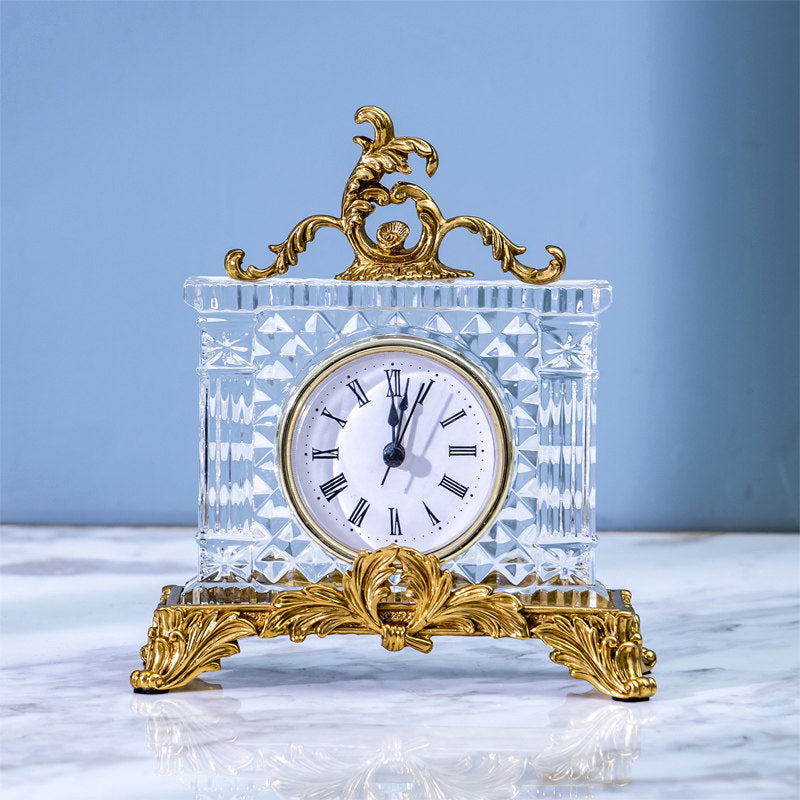 Crystal Glass Mantel Clock with Gold Accents and Roman Numerals