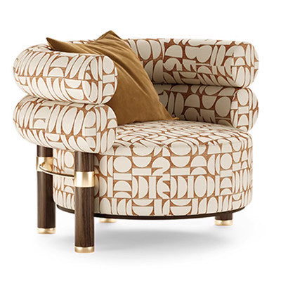 Brown Geometric Fabric Accent Chair, Tubular Arms, Wood Legs