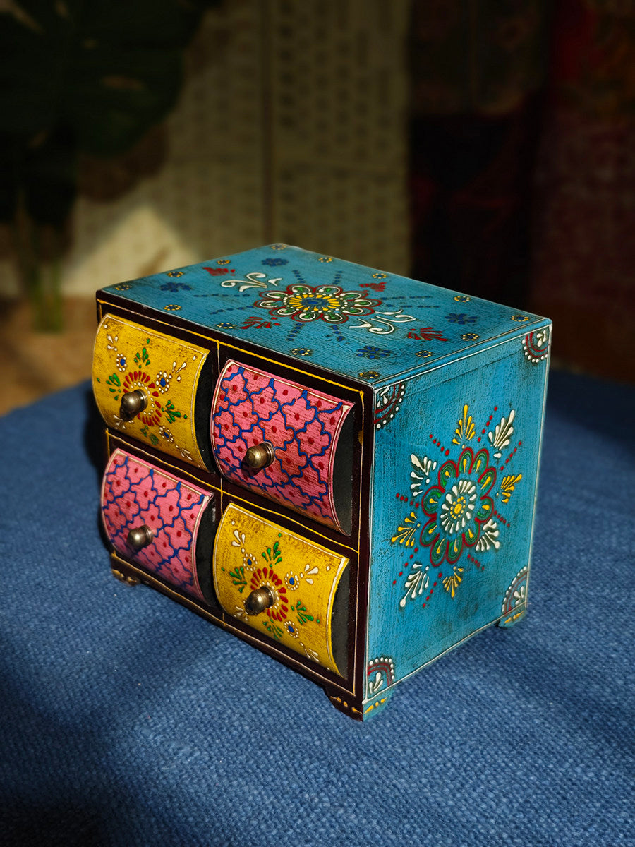 Hand-Painted Wood Jewelry Box with 4 Drawers, Turquoise Floral
