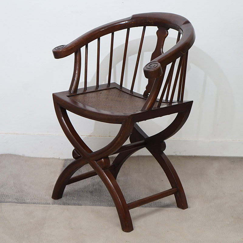 3 Piece Solid Elm Wood Chinese Style Horseshoe Back Chair Set, Rustic Brown Round Back Armchairs with Side Table, Traditional Accent Seating Set for Living Room, Entryway, Tea Room, Bedroom, and Lounge