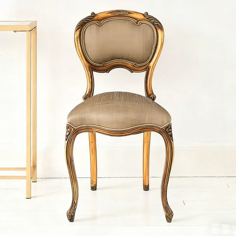Antique Gold Solid Wood Dining Chair, French Rococo-Inspired Carved Side Chair with Champagne Beige Velvet Upholstered Seat and Back for Dining Room, Bedroom, Vanity and Reception