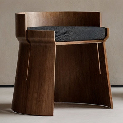 Walnut Brown Solid Wood Vanity Stool with Backrest and Cushioned Seat