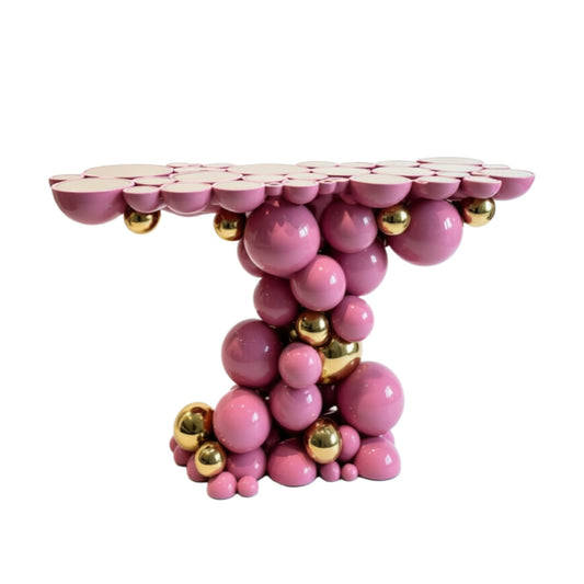 Pink and Gold Bubble Console Table, Sculptural Sphere Entryway Table, Modern Luxury Accent Console for Foyer, Hallway, Living Room, Hotel Lobby and Home Decor