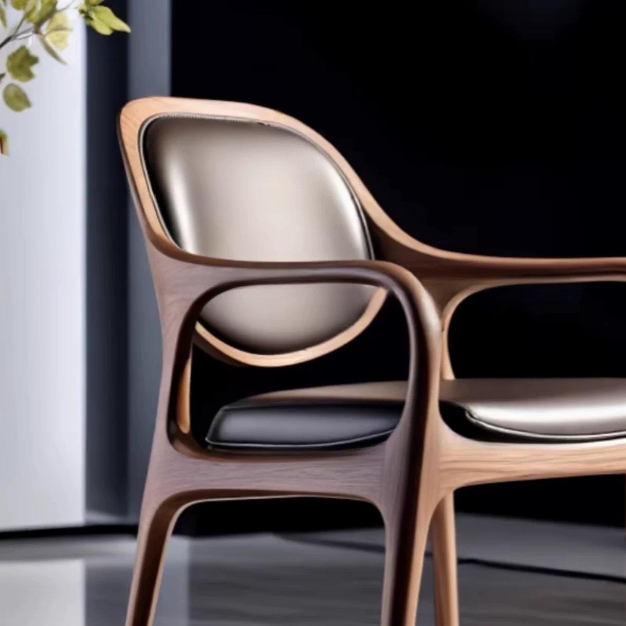 Modern Walnut Dining Chair, Black Leather Upholstered Seat Armchair with Curved Wood Backrest, Nordic Solid Wood Kitchen Chair for Dining Room, Office, Living Room