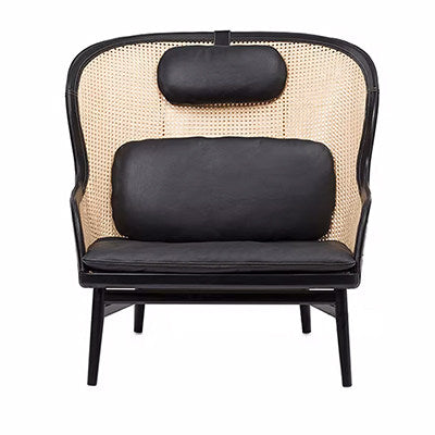 Black Rattan Cane Back Accent Chair, Solid Wood High Back Lounge Chair with Cushioned Seat and Pillow, Woven Armchair for Living Room Bedroom Reading Corner Balcony