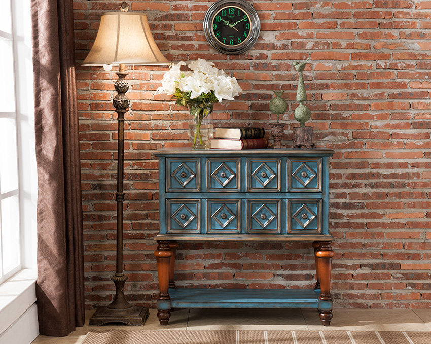 Distressed Blue Wood Console Cabinet with 8 Drawers and Lower Storage Shelf
