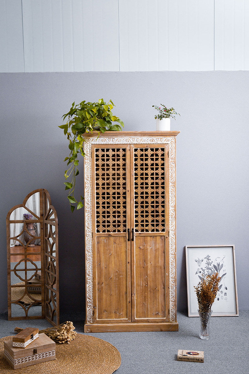 Tall Solid Wood Storage Cabinet with Carved Frame &amp; Lattice Double Doors, Farmhouse Pantry Cabinet, Rustic Display Cupboard, Freestanding Linen Storage Cabinet for Living Room, Dining Room, Bedroom &amp; Entryway