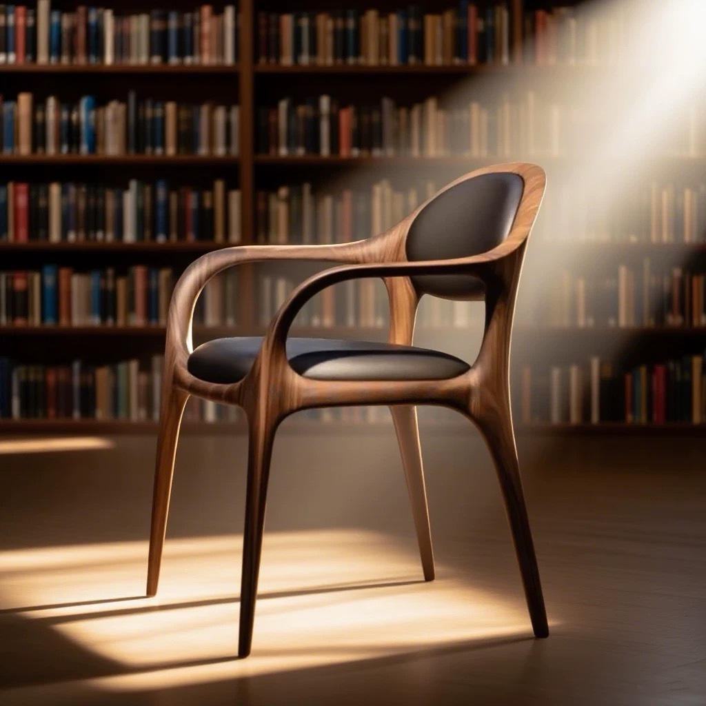 Modern Walnut Dining Chair, Black Leather Upholstered Seat Armchair with Curved Wood Backrest, Nordic Solid Wood Kitchen Chair for Dining Room, Office, Living Room