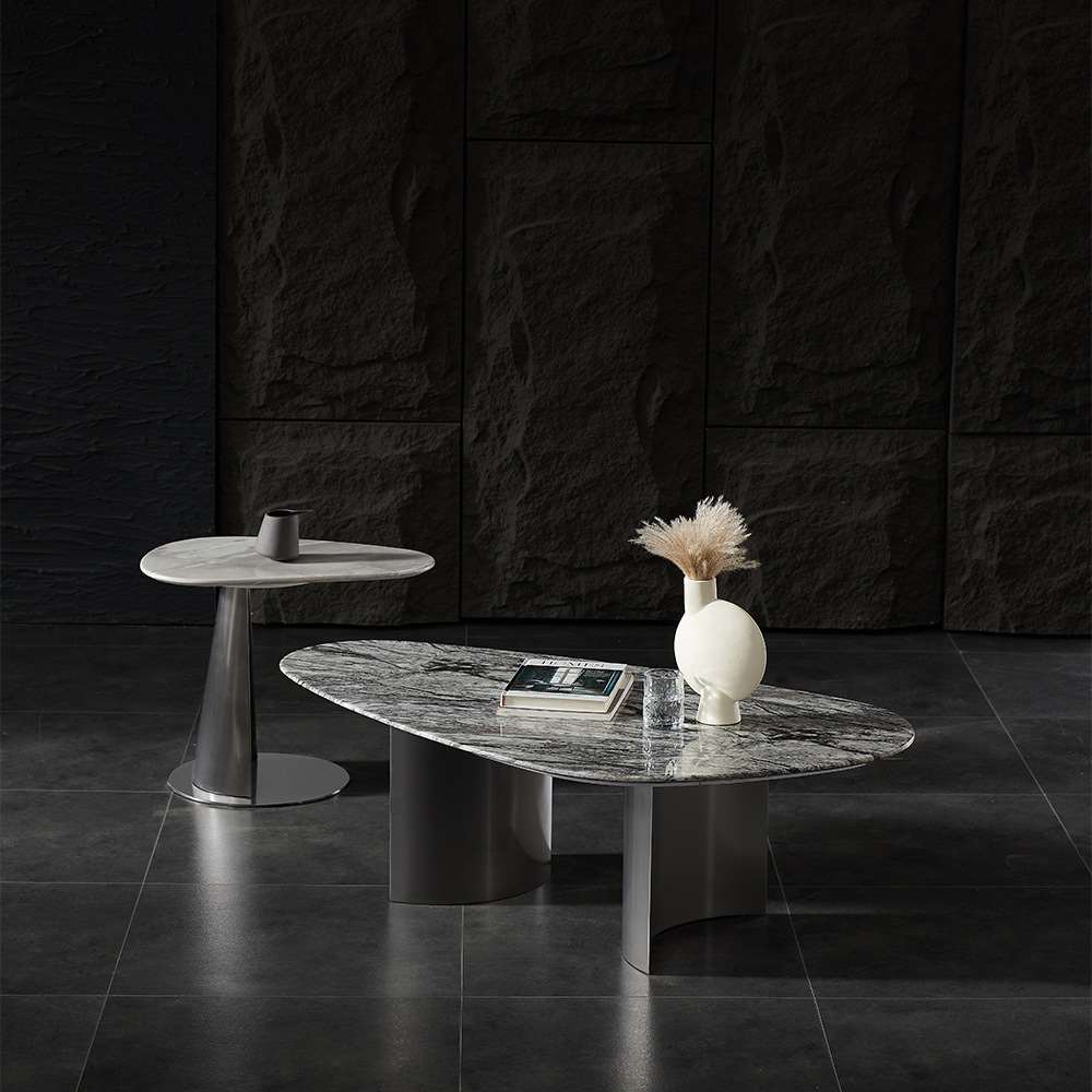 2-Piece Modern Marble Coffee Table Set with Metal Pedestal Bases