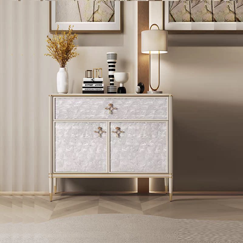 Modern 2-Door Accent Cabinet with Drawer, 35.4-Inch Pearl-Effect Storage Sideboard with Champagne Gold Frame and Tapered Legs, Decorative Entryway Cabinet for Foyer, Living Room or Dining Room