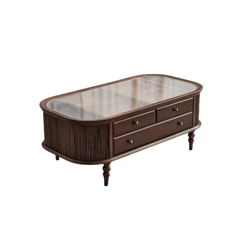 Oval Pine Wood Coffee Table with Tempered Glass Top, Vintage Style Living Room Center Table with Drawers, Fluted Side Panels and Turned Legs, Brown Storage Tea Table for Home