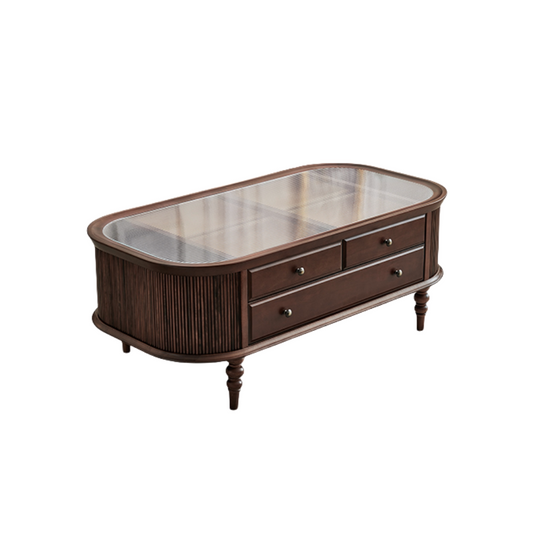 Oval Pine Wood Coffee Table with Tempered Glass Top, Vintage Style Living Room Center Table with Drawers, Fluted Side Panels and Turned Legs, Brown Storage Tea Table for Home
