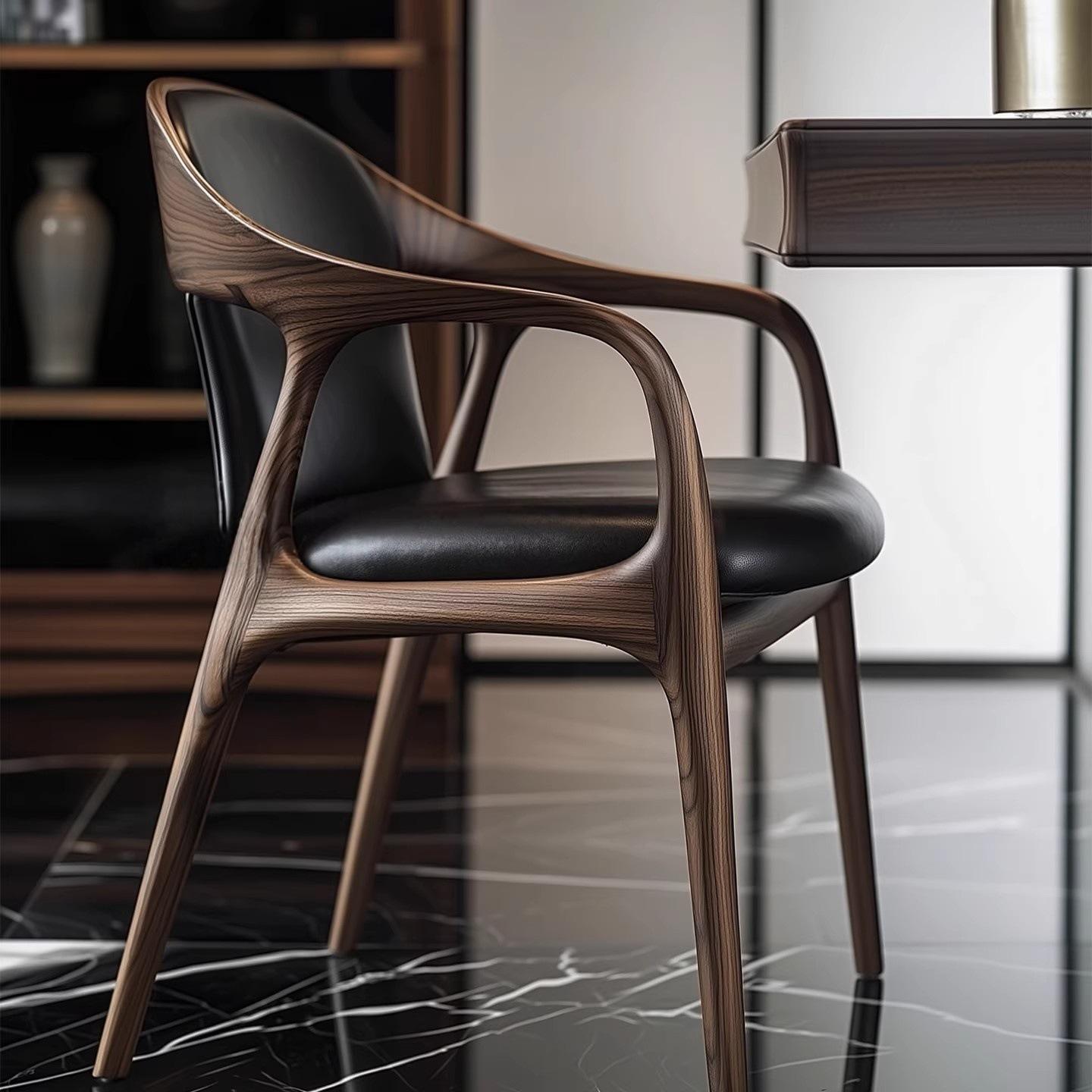 Modern Walnut Dining Chair, Black Leather Upholstered Seat Armchair with Curved Wood Backrest, Nordic Solid Wood Kitchen Chair for Dining Room, Office, Living Room