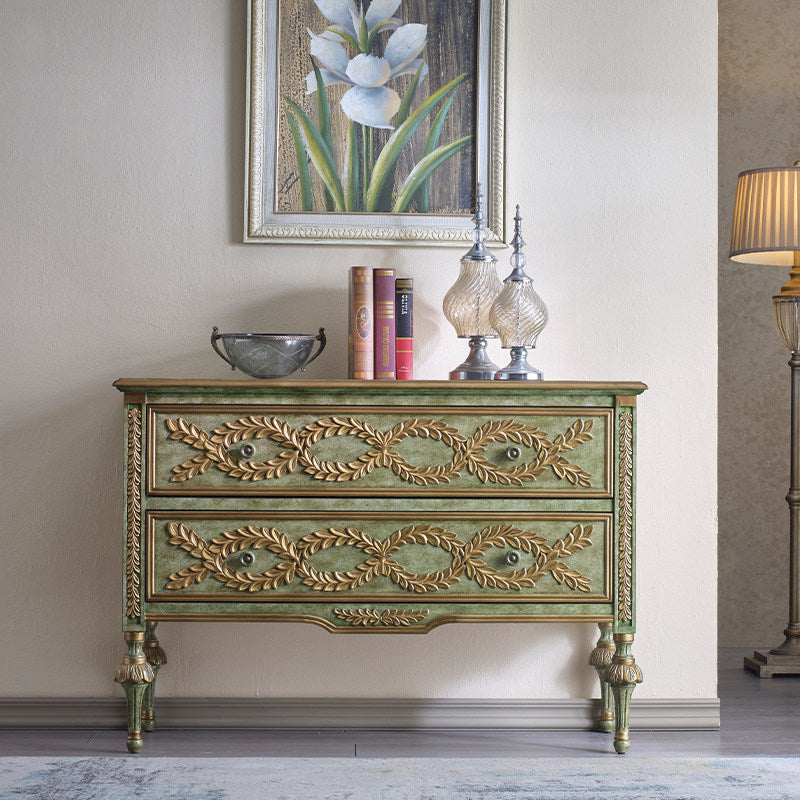 Green Solid Wood Entryway Cabinet with 2 Drawers and Gold Trim