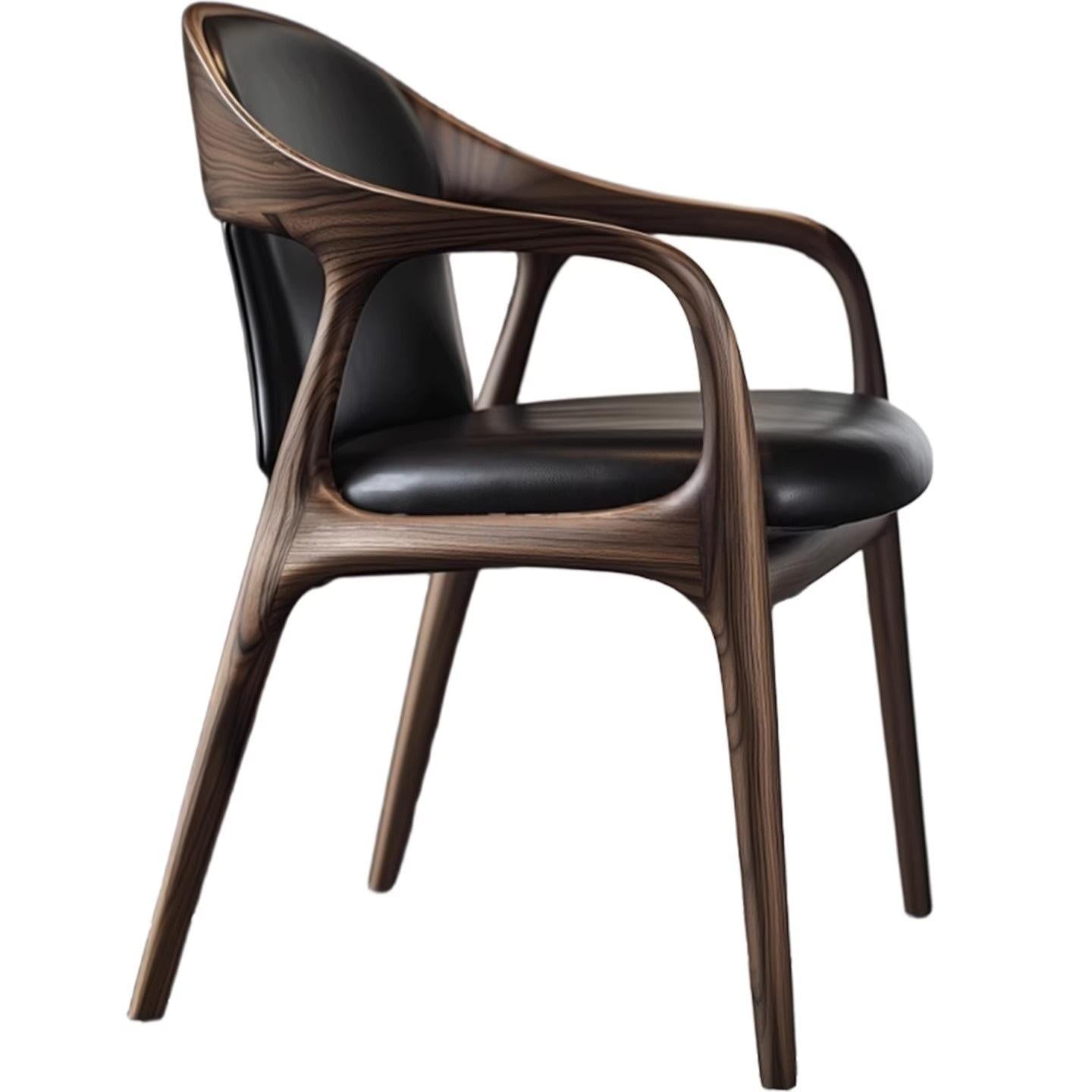 Modern Walnut Dining Chair, Black Leather Upholstered Seat Armchair with Curved Wood Backrest, Nordic Solid Wood Kitchen Chair for Dining Room, Office, Living Room