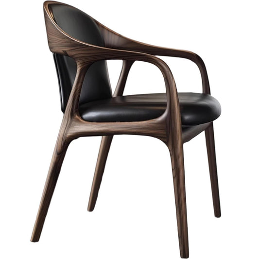 Modern Walnut Dining Chair, Black Leather Upholstered Seat Armchair with Curved Wood Backrest, Nordic Solid Wood Kitchen Chair for Dining Room, Office, Living Room