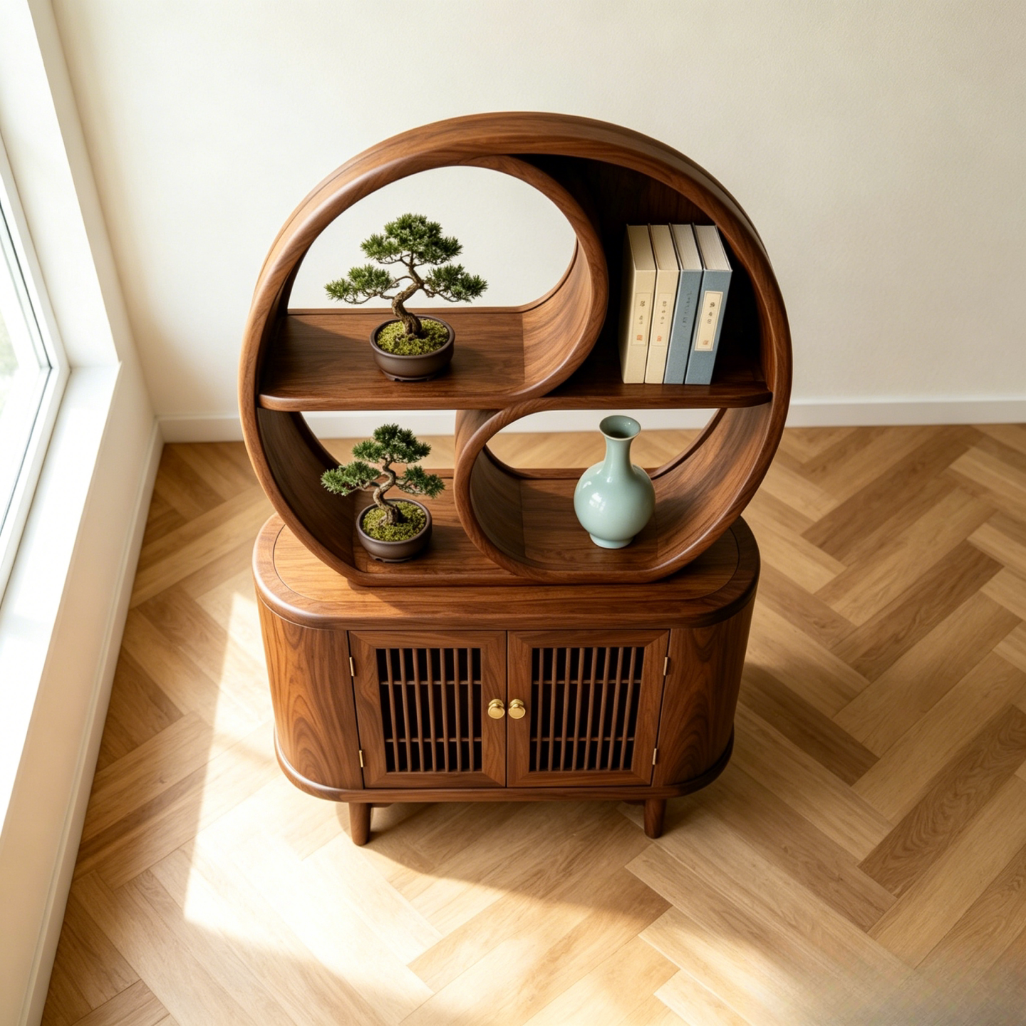 Ash Wood Display Cabinet with Shelves and Doors, 39.4 x 70.9 Inch