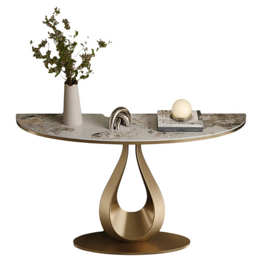 Champagne Gold Half-Moon Console Table, Stone-Look Top