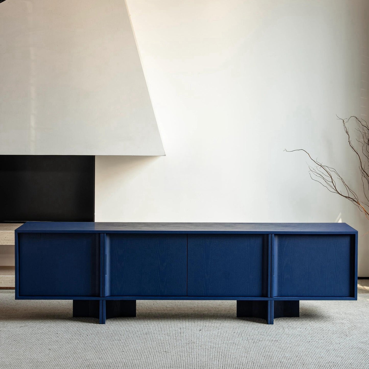 Blue Solid Wood TV Stand, 4 Door Media Console for Living Room
