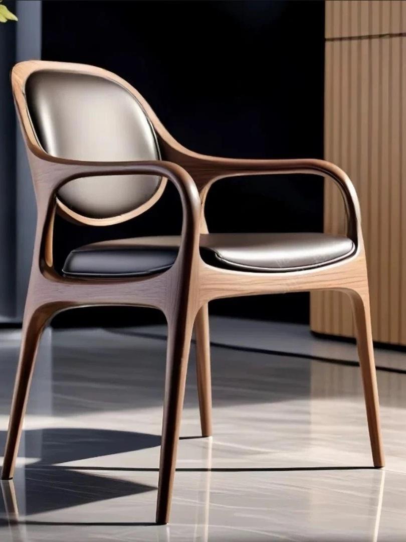 Modern Walnut Dining Chair, Black Leather Upholstered Seat Armchair with Curved Wood Backrest, Nordic Solid Wood Kitchen Chair for Dining Room, Office, Living Room
