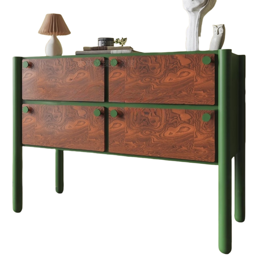 Green and Wood 4 Drawer Dresser Cabinet, French Vintage Inspired Solid Wood Storage Chest with Rounded Legs, Two Tone Accent Cabinet for Bedroom, Living Room, Entryway, Hallway, and Home Organization
