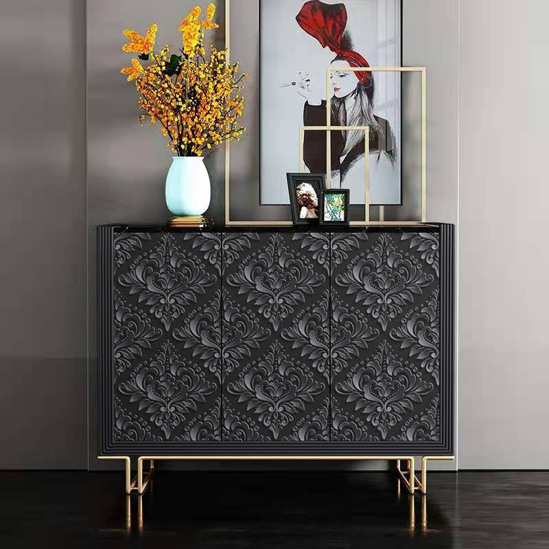 Black Carved Sideboard Cabinet, 3-Door Accent Credenza with Raised Floral Panels and Gold-Tone Legs, Decorative Entryway Storage Cabinet for Living Room, Foyer or Dining Room