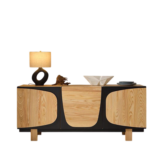 Ash Wood Sideboard Storage Cabinet, 63 Inch Vintage Style 3 Door Buffet Cabinet with Black and Natural Wood Curved Panel Design, Freestanding Credenza for Dining Room, Living Room, Entryway, Hallway, and Home Organization