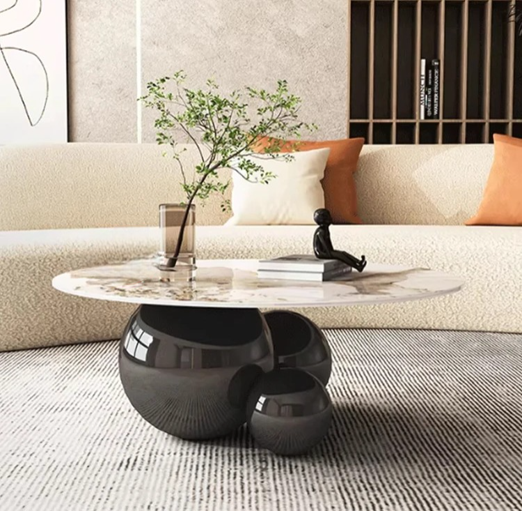 Light Luxury Sintered Stone Round Coffee Table, Creative Designer Orb Stainless Steel Base Center Table
