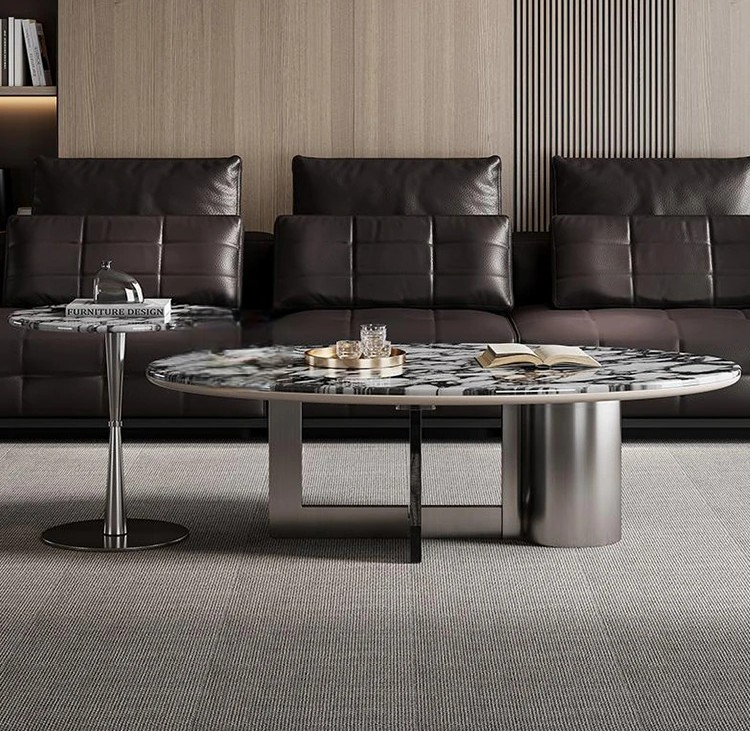 Unique Marble Coffee Table Set, Luxury Modern Living Room Table with Acrylic and Stainless Steel Base