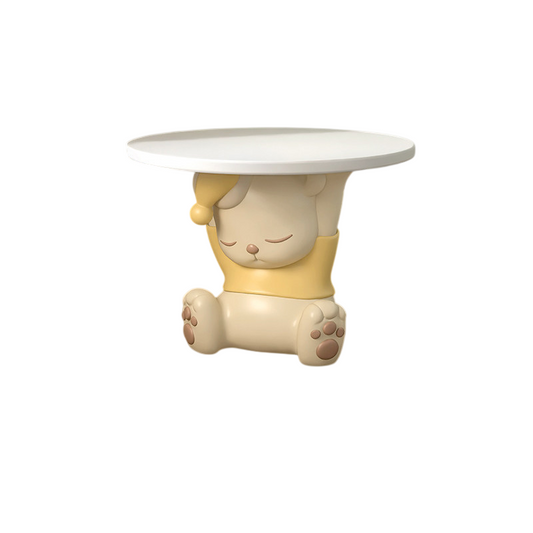 Cream and Yellow Resin Kids Side Table with Round White Wood Top, Cute Sleeping Bear Accent Nightstand for Bedroom, Nursery, Playroom, Small Spaces and Sofa Side Use