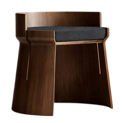 Walnut Brown Solid Wood Vanity Stool with Backrest and Cushioned Seat