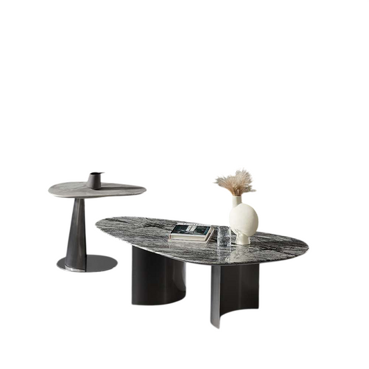 2-Piece Modern Marble Coffee Table Set with Metal Pedestal Bases