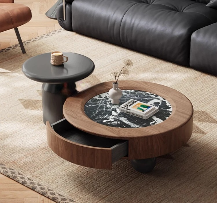 Antique Marble End Table Set, Designer Creative Luxury Round Coffee Table for Elegant Living Room Centerpiece