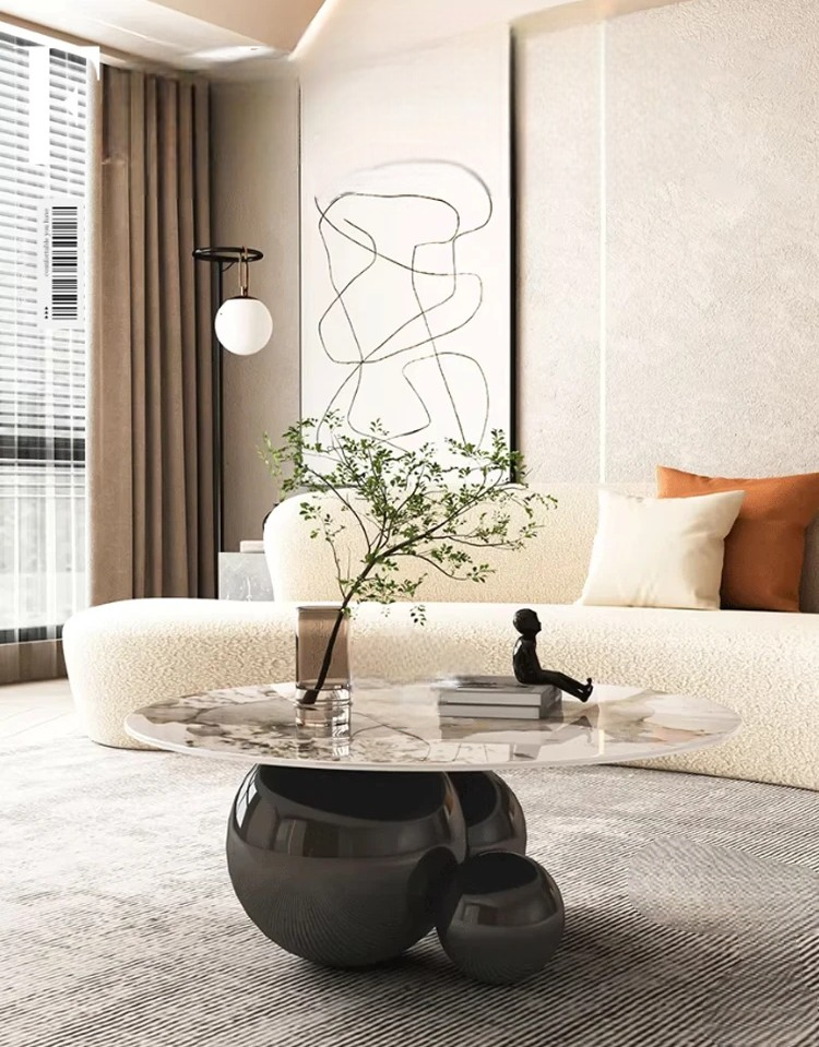 Light Luxury Sintered Stone Round Coffee Table, Creative Designer Orb Stainless Steel Base Center Table