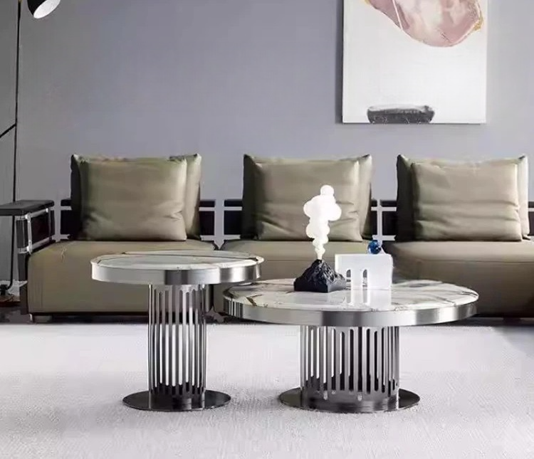 Minimalist Marble Top Round Coffee Table Set, Modern Metal Living Room Furniture for Small Spaces