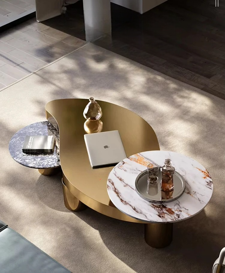 Designer Gold Stainless Steel Coffee Table, Light Luxury Sintered Stone Tea Table Combination for Modern Living Room