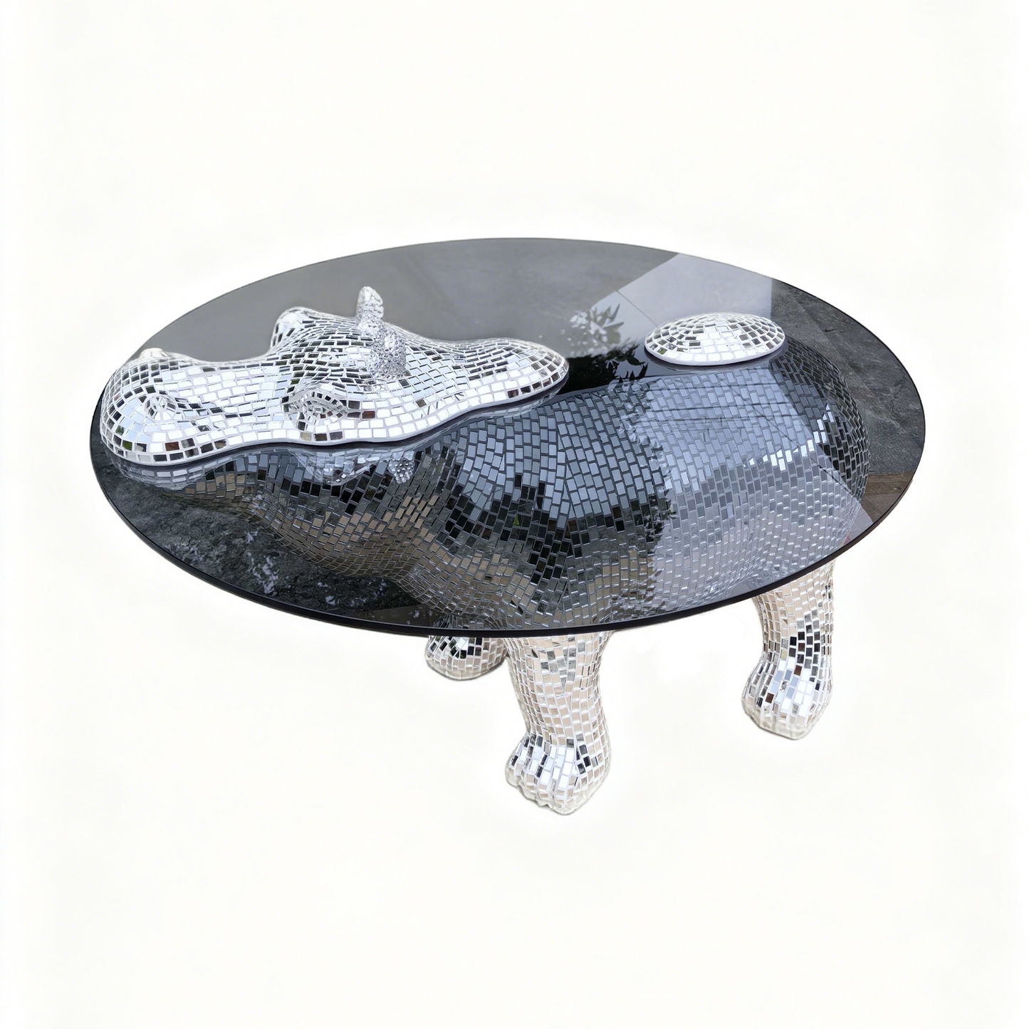 Silver Mirrored Hippo Coffee Table with Round Glass Top, Modern Animal Sculpture Side Table, Fiberglass Resin Hippopotamus Accent Table for Living Room Lounge Decor