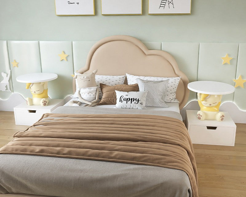 Cream and Yellow Resin Kids Side Table with Round White Wood Top, Cute Sleeping Bear Accent Nightstand for Bedroom, Nursery, Playroom, Small Spaces and Sofa Side Use