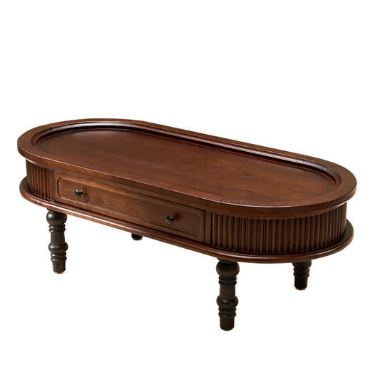 Oval Ash Wood Coffee Table with Drawers, Vintage Style Solid Wood Center Table, Brown Living Room Tea Table with Fluted Sides and Turned Legs for Home Decor