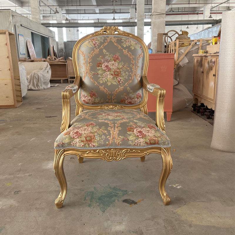 Blue Embroidered Accent Chair, French Style Carved Solid Wood Armchair with Gold Trim, Luxury Upholstered Dining Chair for Living Room, Bedroom, Office, Lounge, Vanity