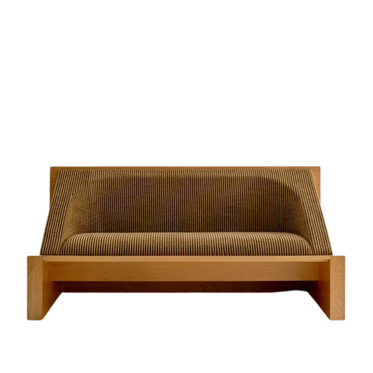 Modern 2 Seater Brown Corduroy Sofa, Minimalist Wood Frame Loveseat, Wabi Sabi Low Profile Couch for Living Room, Bedroom, Hotel Lobby, Office, Lounge, Reception Area