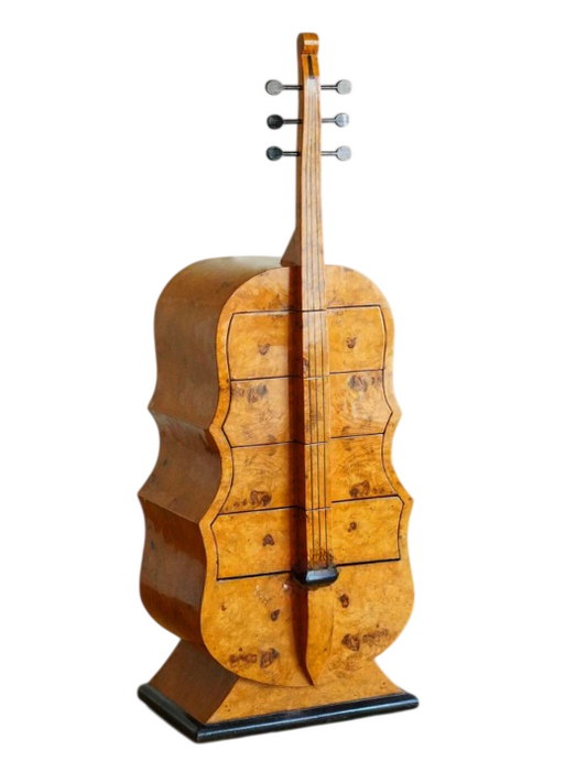 Cello Shaped Accent Cabinet, Burl Wood Pattern Chest of Drawers, Vintage Musical Instrument Storage Cabinet, Tall Decorative Display Cabinet for Living Room, Entryway, Bedroom and Music Room